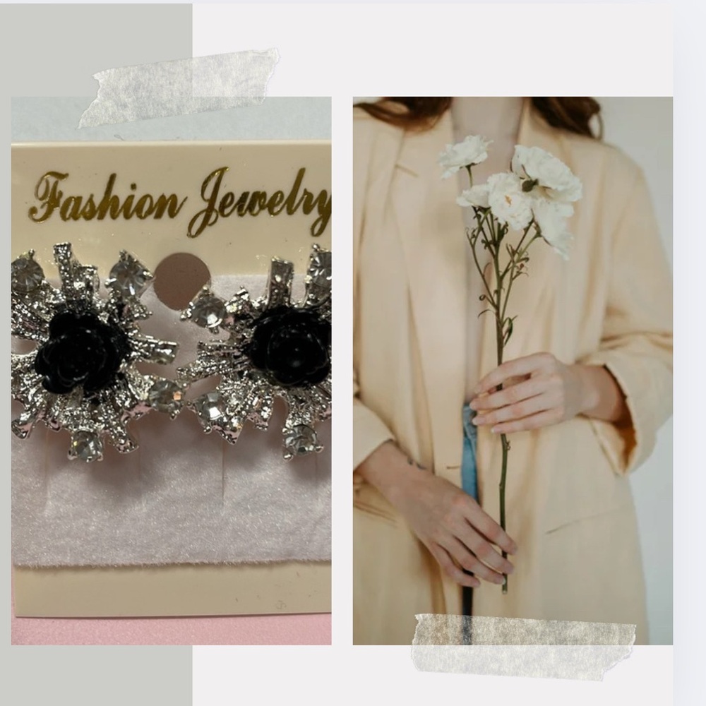 Black Rose Silver Rhinestone Stud Earrings